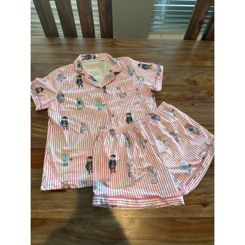 Polo Bear Style Pajama Set Pink White Striped Short Sleeve Shorts Womens Large